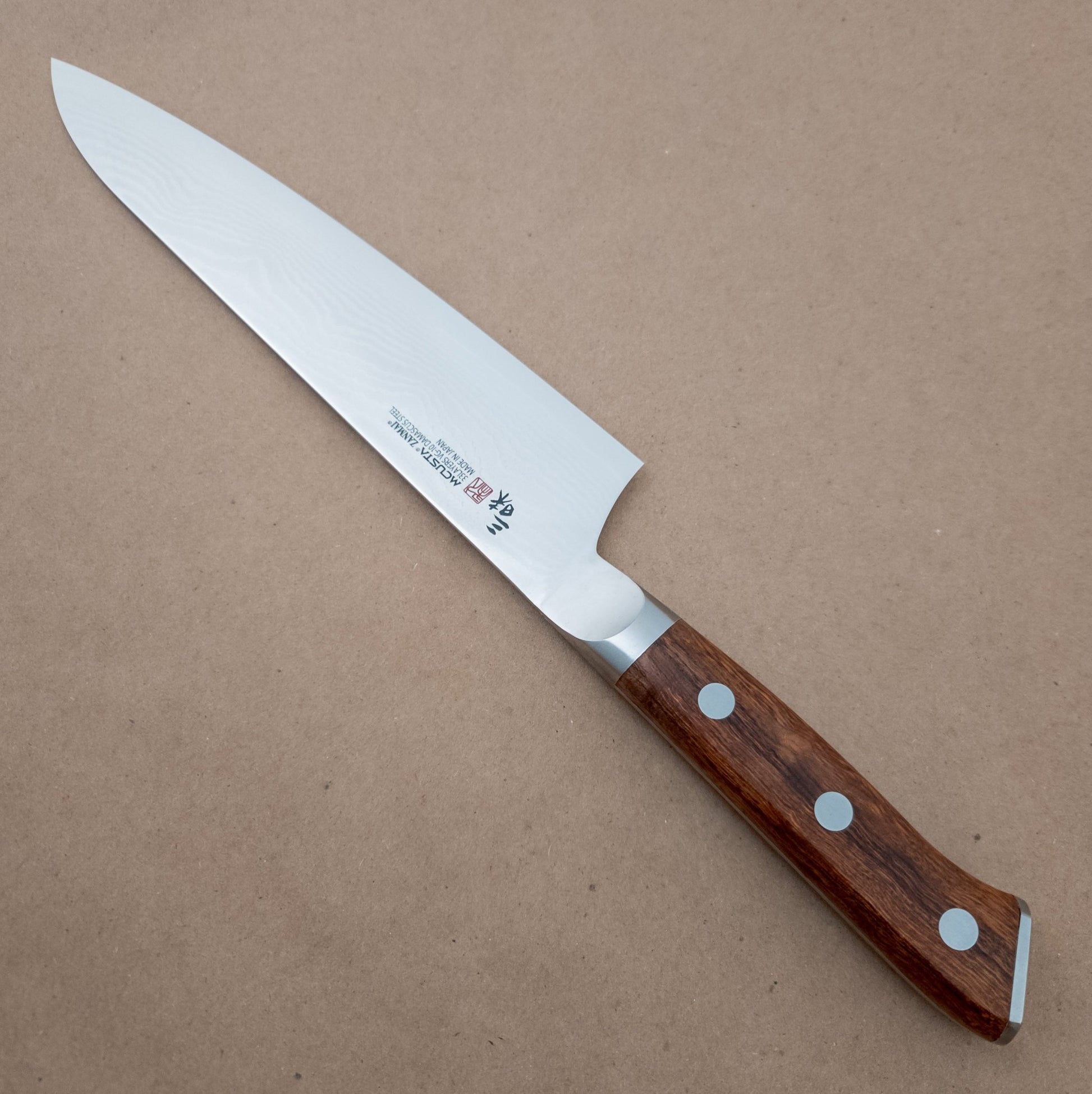 210mm MCUSTA ZANMAI Premium VG10 Damascus Gyuto Ironwood Yo Handle - right side -  District Cutlery