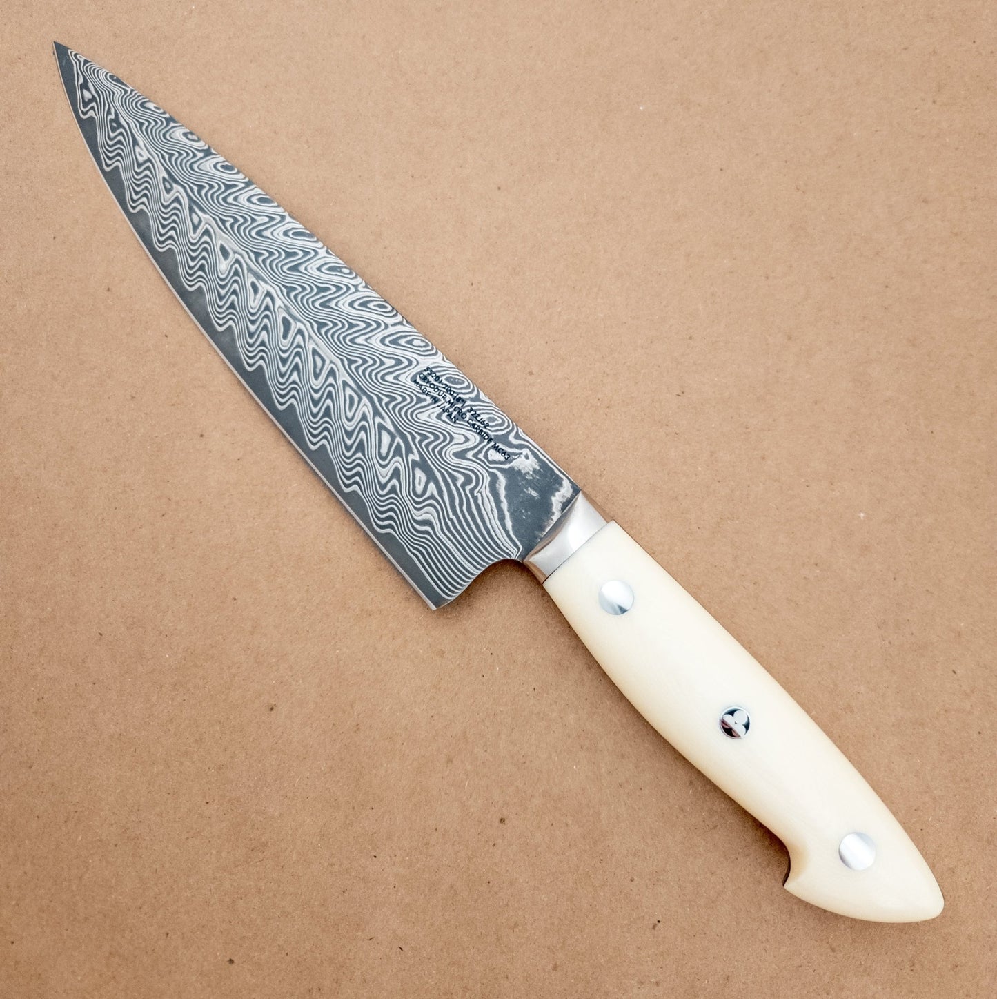 8" Bob Kramer Cumulus SG2 Damascus Chef left side - District Cutlery