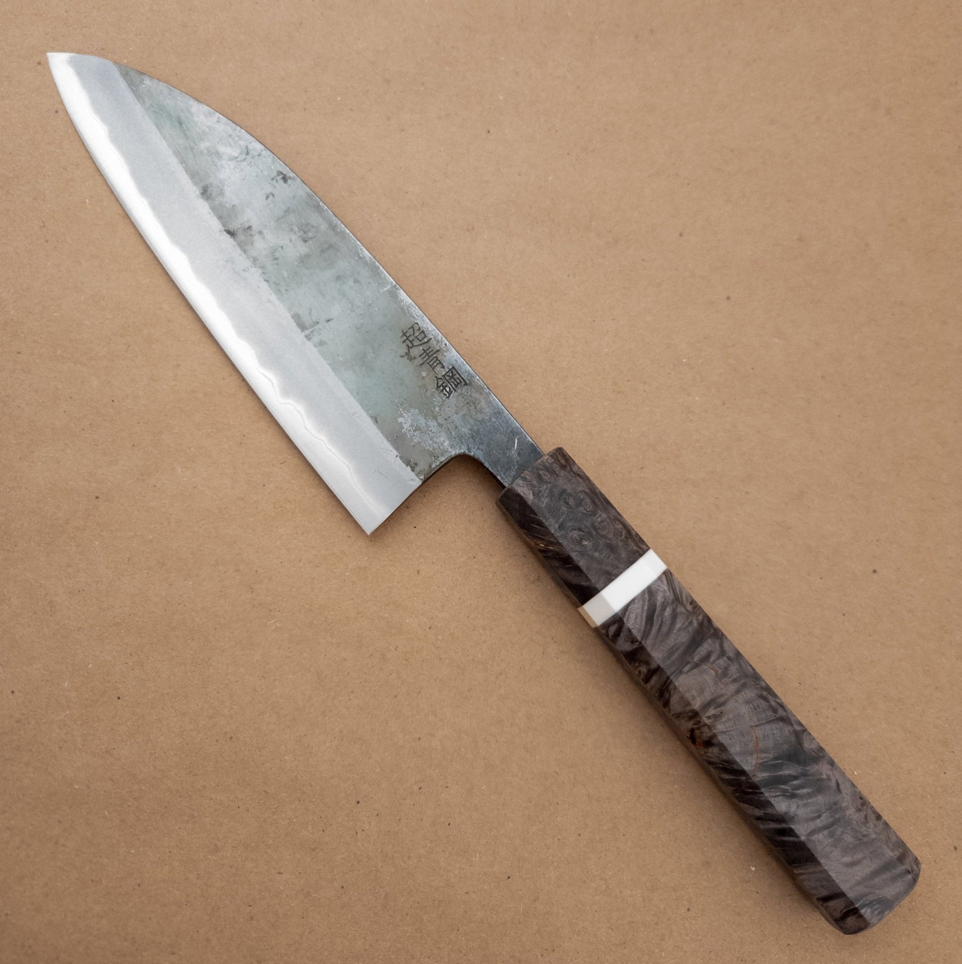 165mm Hatsukokoro Kurosagi AS Wa Santoku Stabilized Birch left side - District Cutlery