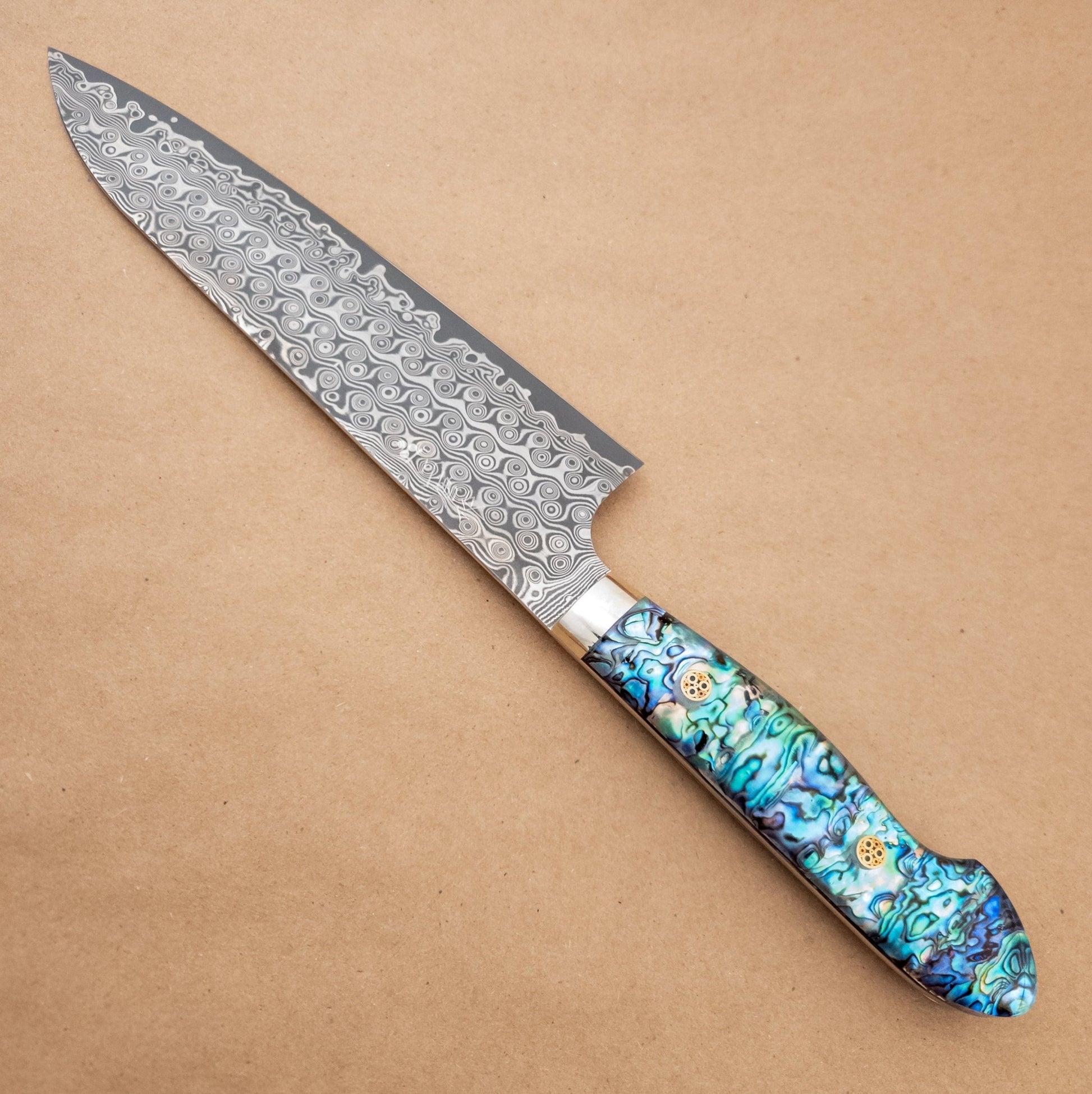 210mm Nigara SG2 Anmon Damascus Gyuto Abalone Yo Handle right side - District Cutlery