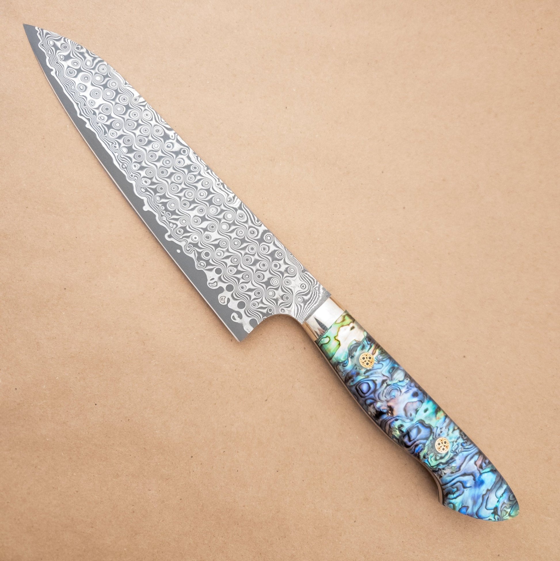210mm Nigara SG2 Anmon Damascus Gyuto Abalone Yo Handle left side - District Cutlery