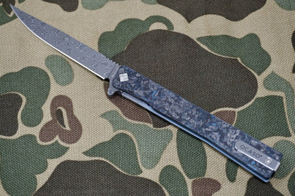 Ocaso Solstice Damascus Blue Carbon Fiber Flipper - District Cutlery